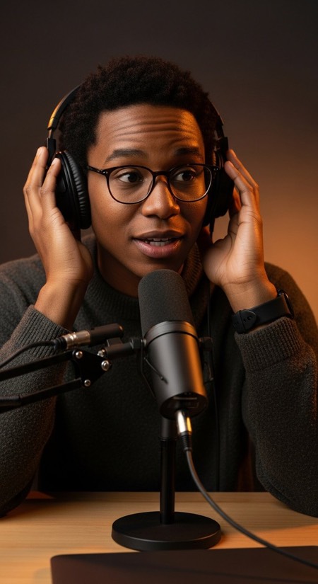 Podcast Host At Microphone pose reference photo